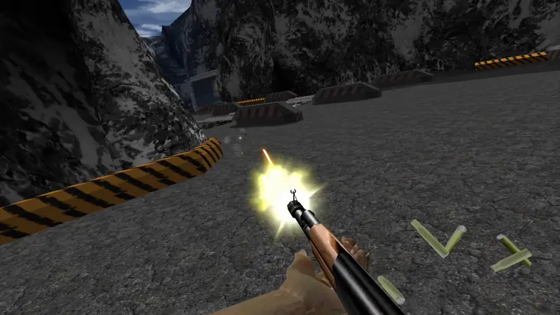 Firing the KF7 rifle held in both hands on the Dam, with a muzzle flash and spent casings in the air.