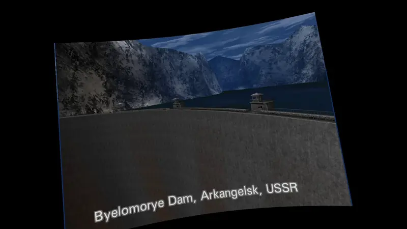 The Dam's opening shot on the curved virtual screen, floating in the dark in front of the player.