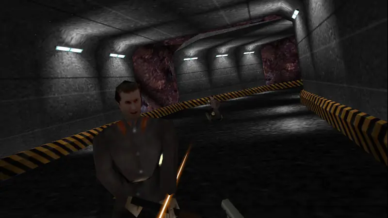 A guard up close in the Dam's tunnels, seen in stereo VR over the player's gun.